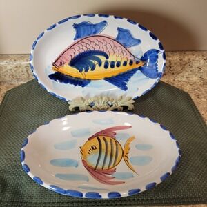2 Vietri‎ Italy Oval Fish Serving Dish Ceramic Hand Painted Set Coastal Sea Wall
